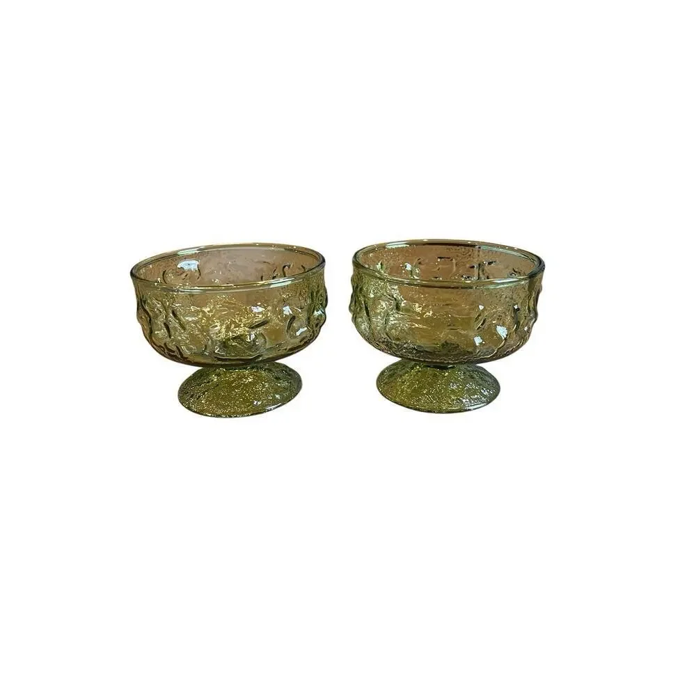 Vintage Anchor Hocking Lido Milano Green Crinkle Sherbet Glasses Set of 2